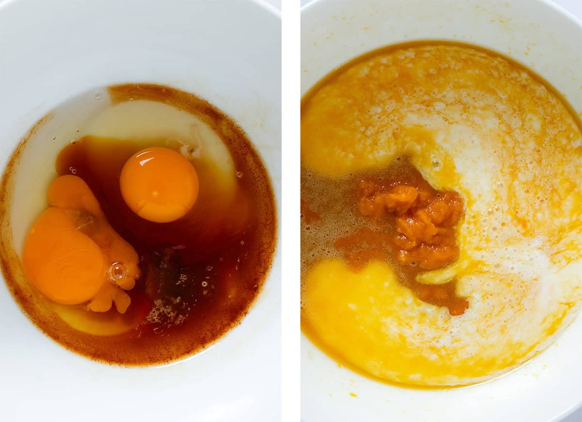 Eggs, vanilla extract, maple syrup, buttermilk, and pumpkin puree in a large while bowl.
