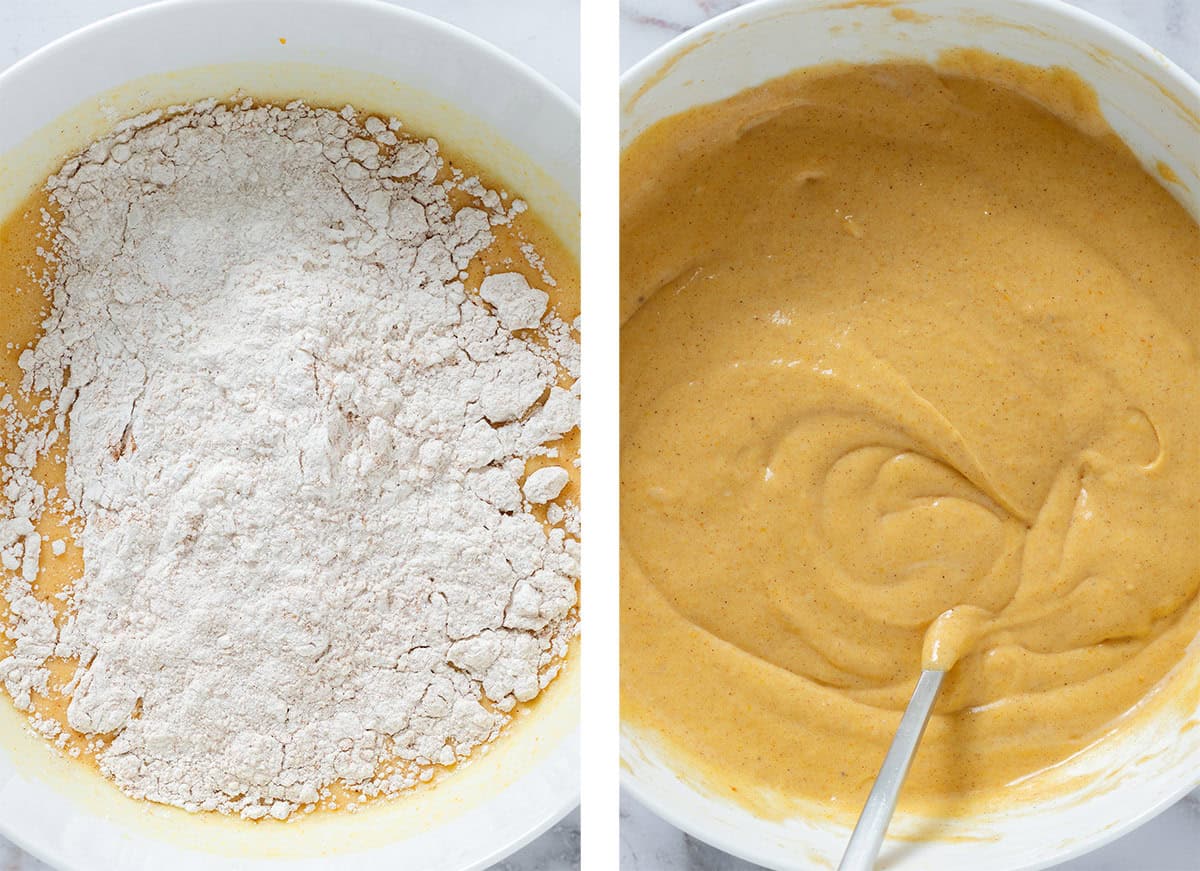 Dry ingredients added to wet ingredients on the left and after whisking them in to form batter on the right.