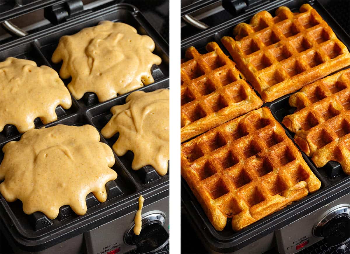 Pumpkin waffles cooking in a waffle maker, uncooked on the left and after cooking on the right.