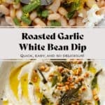 White bean dip in a low white bowl topped with fried sage leaves, toasted pine nuts, and olive oil on the bottom and the ingredients in a food processor on top.