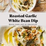 White bean dip in a low white bowl with a rough beige rim topped with fried sage leaves, toasted pine nuts, and olive oil.