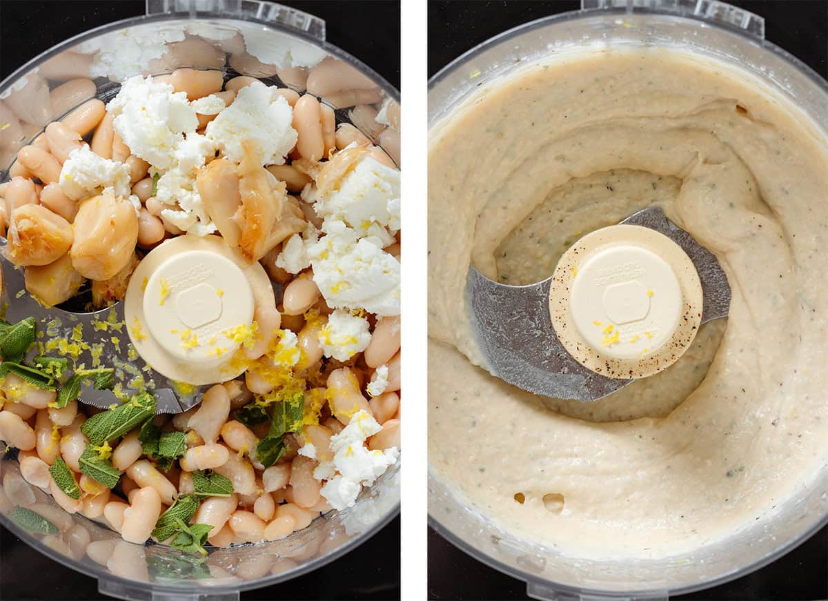 A food processor with cooked white beans, soft cheese, roasted garlic, lemon zest, and sage before and after blending.