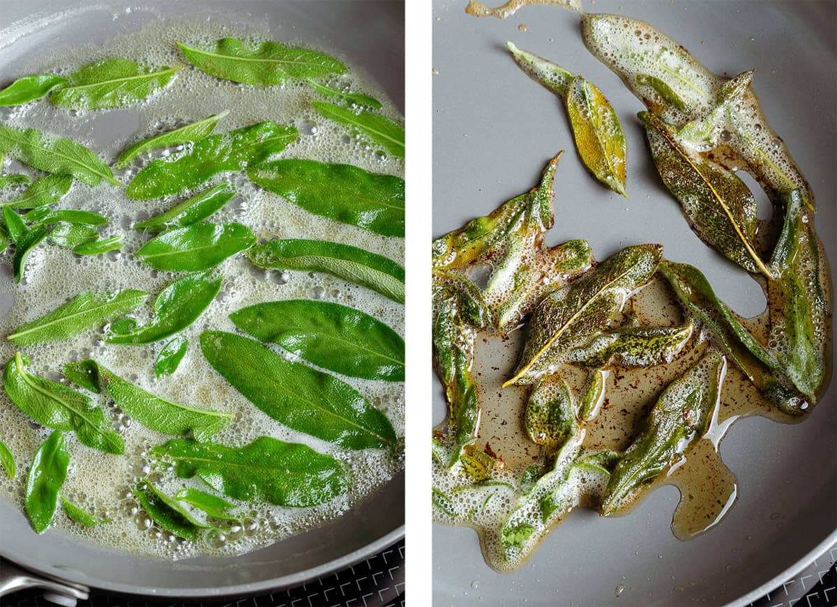 Fresh sage leaves frying in butter on a non-stick pan.