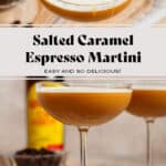 A coupe glass with caramel espresso martini with thin foam garnished with 3 espresso beans and a drizzle of caramel sauce.