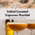 A coupe glass with caramel espresso martini with thin foam garnished with 3 espresso beans.