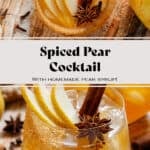 A deep orange pear cocktail in a short glass with ice and a coarse sugar rim, garnished with sliced pear, a cinnamon stick, star anise, and cloves.