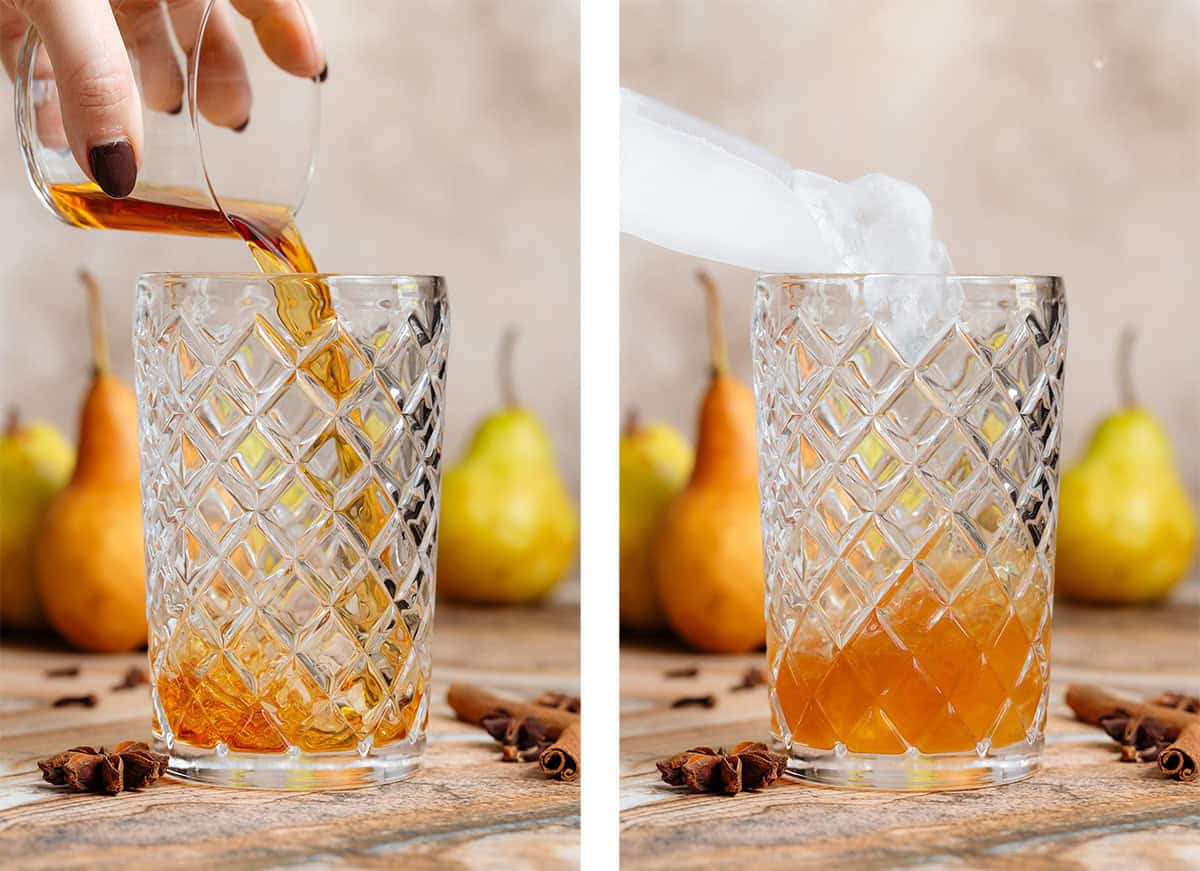 Dark rum and ice being added into a glass cocktail shaker.