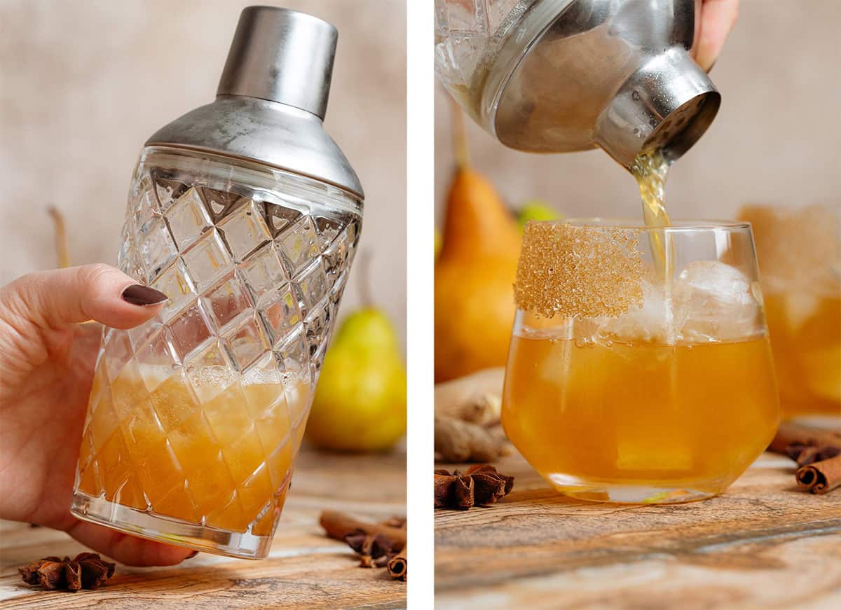 A cocktail being shaken in a glass shaker and strained into a short glass over ice.