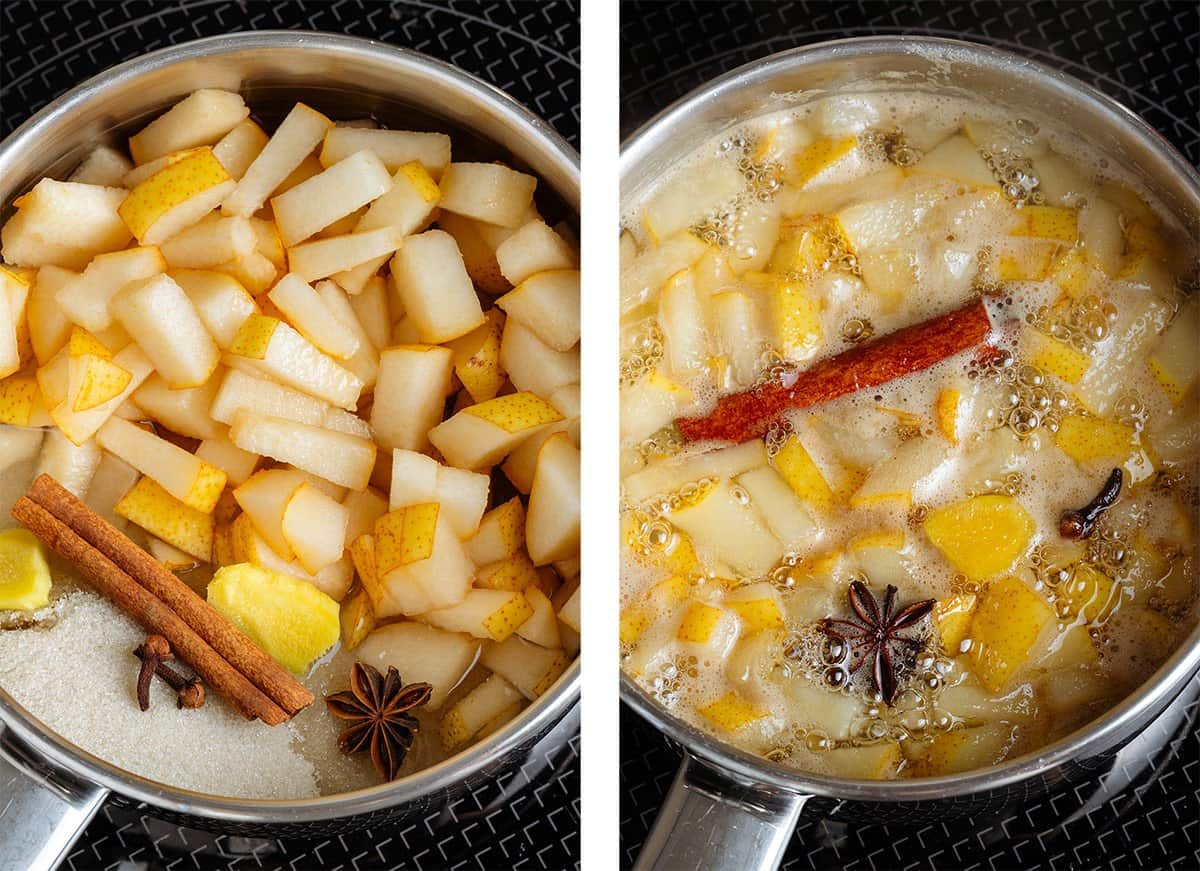 Diced pear, cane sugar, water, cinnamon, cloves, and star anise simmering on the stove in a small saucepan.