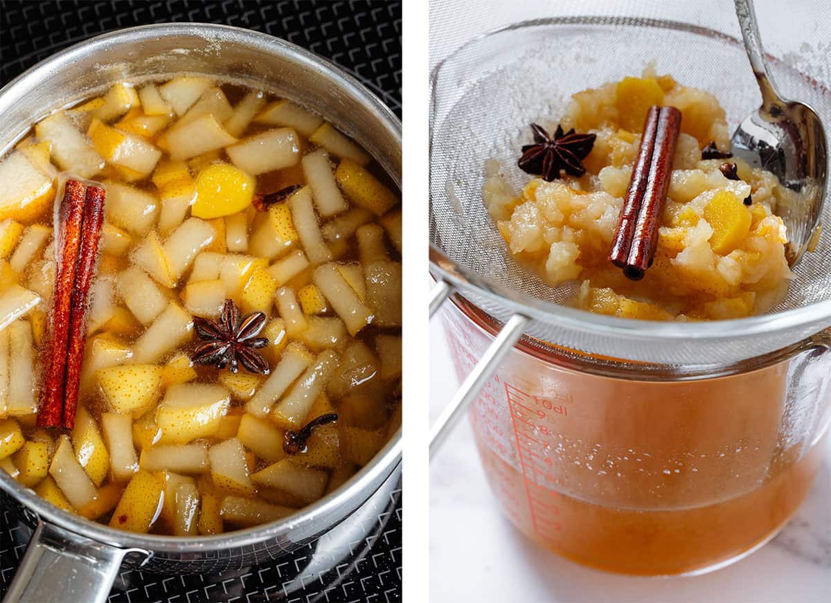 Pear syrup with whole spices in a small saucepan on the left and being strained through fine mesh strainer into a large measuring cup on the right.