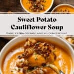 A white bowl with creamy sweet potato soup with caramelized cauliflower florets and chopped chives on top.