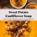 A white bowl with creamy sweet potato soup with caramelized cauliflower florets and chopped chives on top.