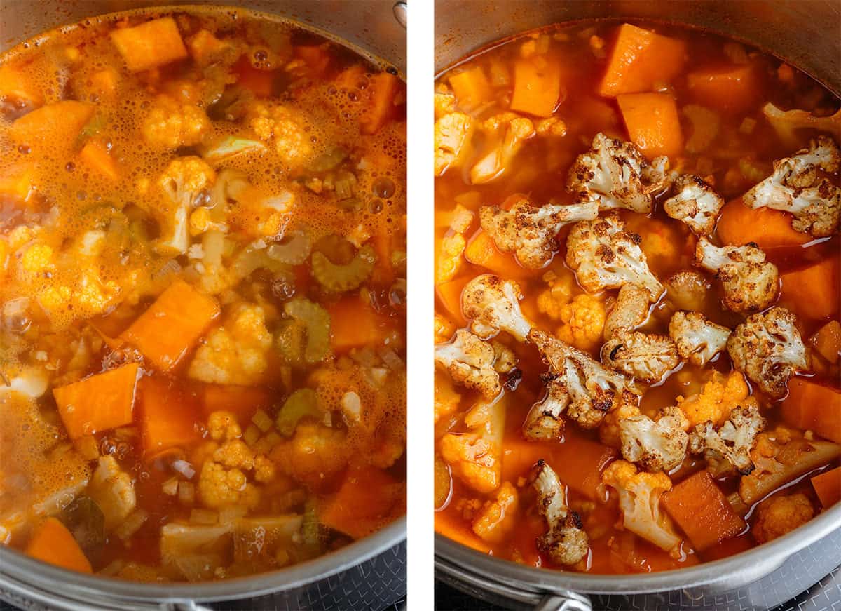A large pot of diced sweet potato, cauliflower, celery, carrots, broth, and other ingredients cooking on the left and with added roasted cauliflower on the right.