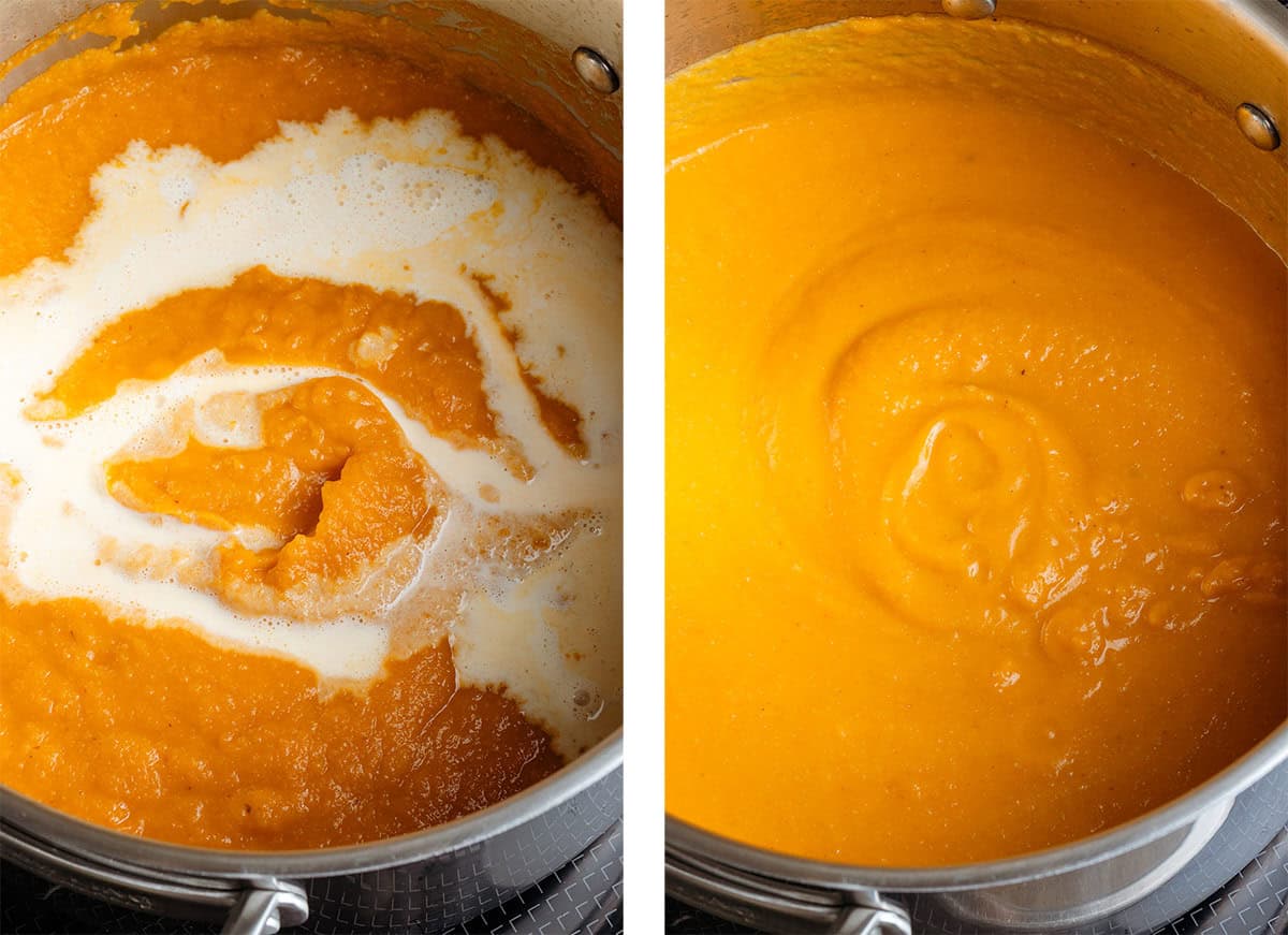 Creamy sweet potato cauliflower soup in a large pot with heavy cream drizzled in on the left and blended in on the right.