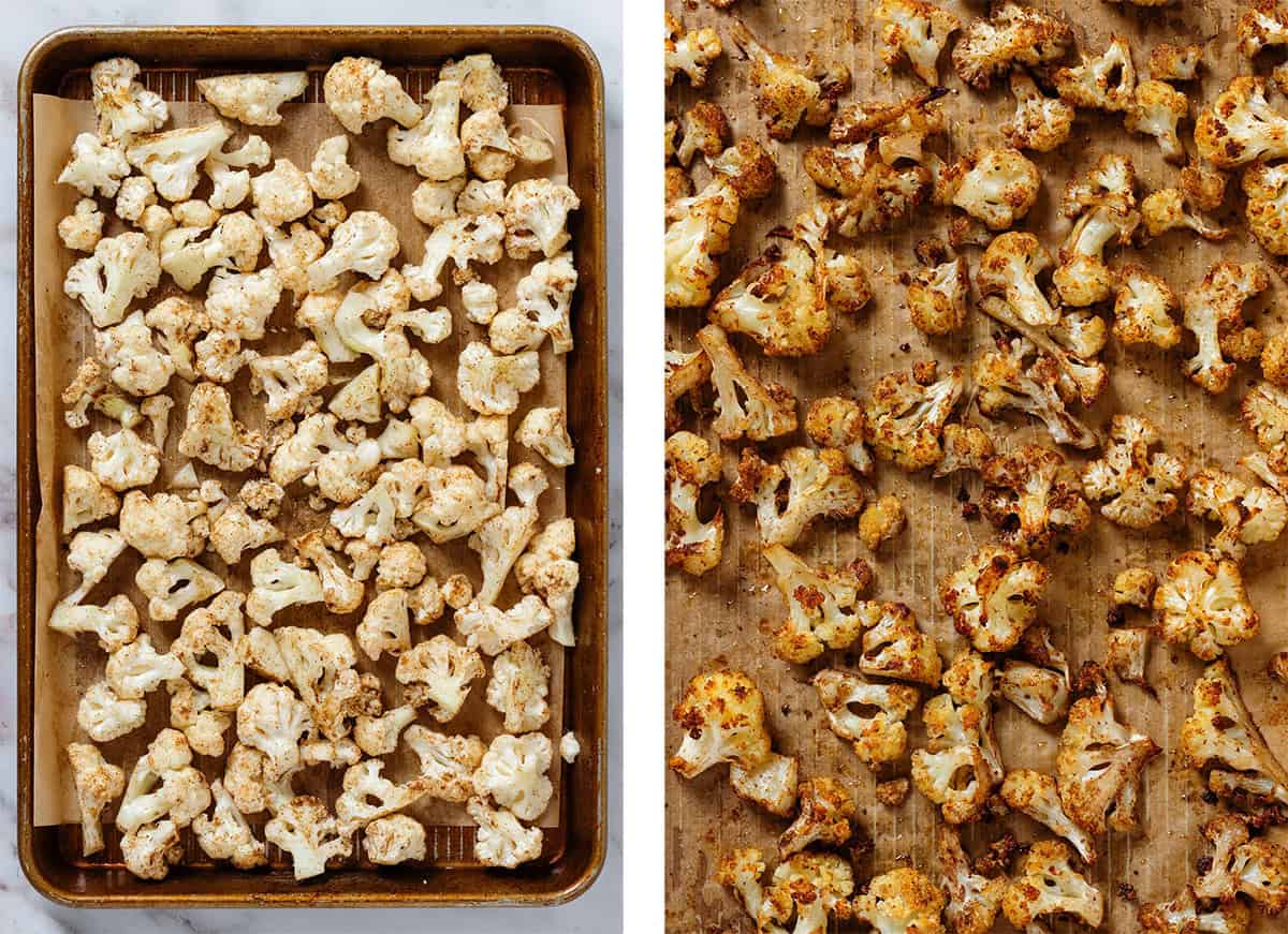 Cauliflower florets on a baking sheet lined with parchment paper before and after roasting.