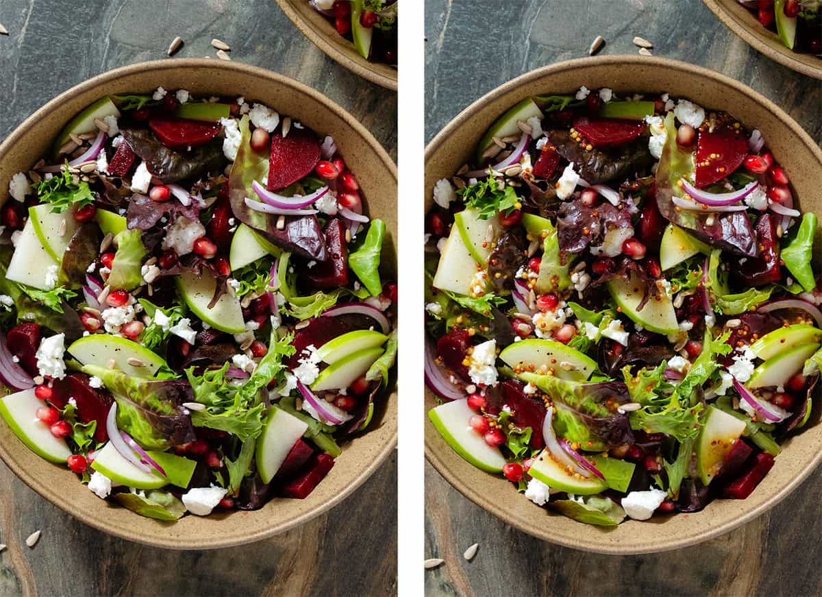 Salad with steamed beets, sliced apple, goat cheese, pomegranate arils, goat cheese before and after adding mustard vinaigrette.