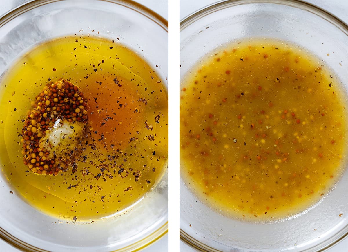 Whole grain mustard vinaigrette in a glass bowl before and after whisking.
