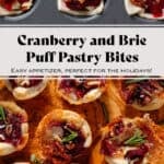 Small puff pastry cups with melted brie, cranberry sauce, pecans, and fresh rosemary sprinkled with sea salt and pepper on a wooden serving board.