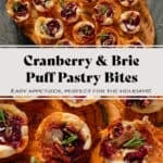 Small puff pastry cups with melted brie, cranberry sauce, pecans, and fresh rosemary sprinkled with sea salt and pepper on a wooden serving board.