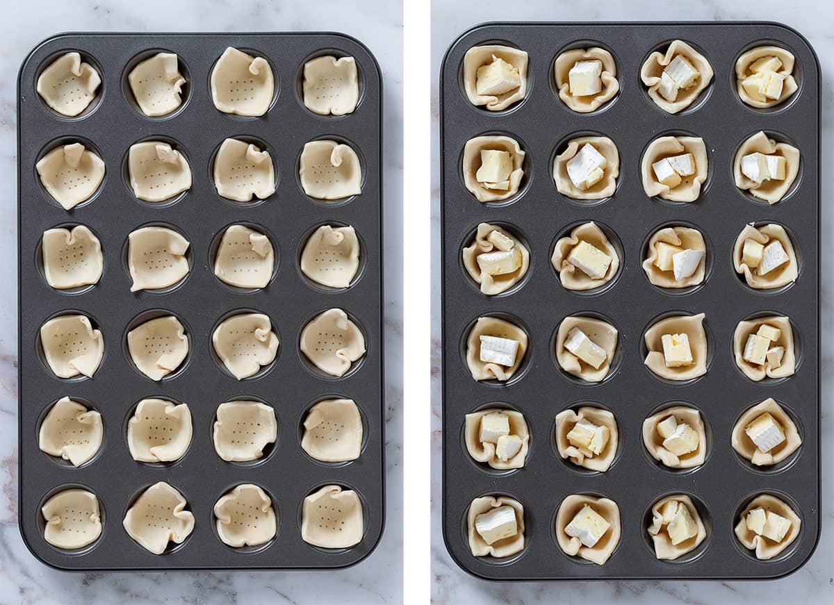 Puff pastry squares in a 24-mini muffin pan pierced with a fork on the left and with added squares of brie cheese on the right.