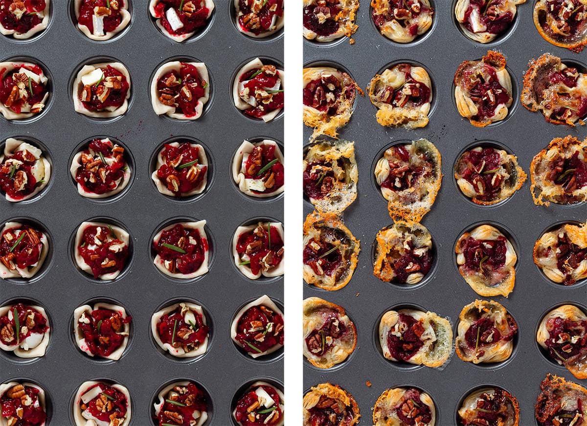 Puff pastry bites in a 24-mini muffin pan with brie, cranberry sauce, pecans, and fresh rosemary before and after baking.