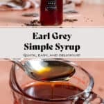 Dark brown earl grey syrup in a tall glass jar and in a large glass measuring cup with a spoon picking up some of the syrup.