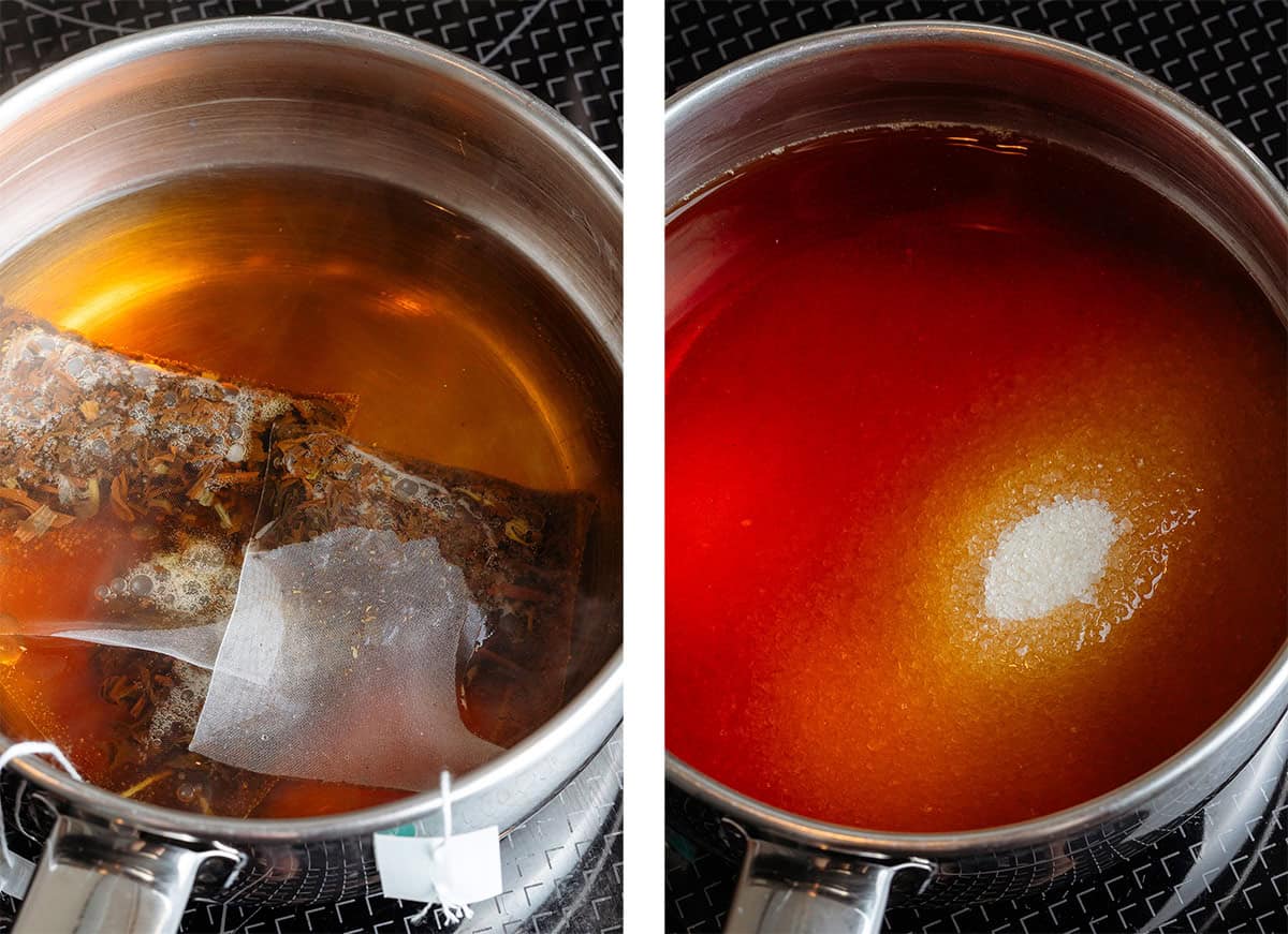 Earl grey tea bags steeping in a small saucepan on the left and sugar being added after taking the bags out on the right.