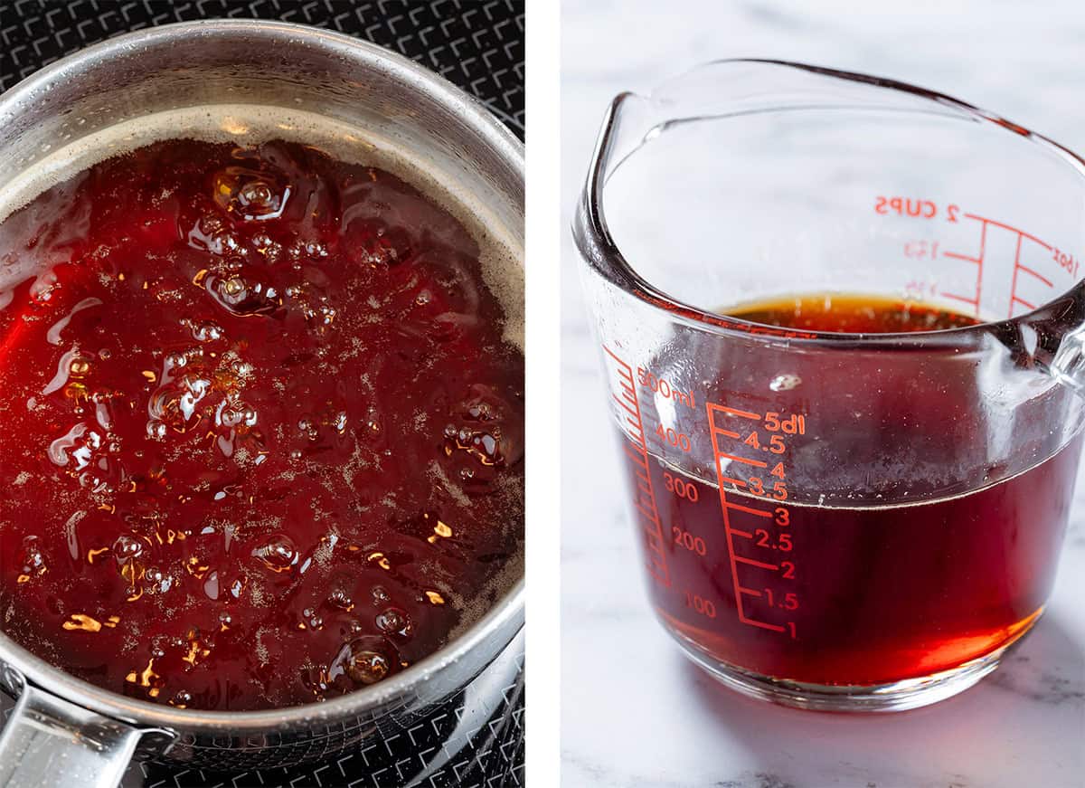 Syrup simmering in a saucepan on the stove on the left and the syrup in a glass measuring cup on the right.