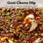 Soft goat cheese topped with fig jam, olive oil, and chopped roasted pistachios in a low brown bowl with a cracker scooping up the dip.