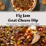 Soft goat cheese topped with fig jam, olive oil, and chopped roasted pistachios in a low brown bowl with a cracker scooping up the dip.