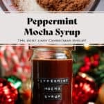 A glass jar with homemade chocolate peppermint syrup with a black embossed label on the front with gingerbread cookies and candy canes in the background.