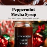 A glass jar with homemade chocolate peppermint syrup with a black embossed label on the front with gingerbread cookies and candy canes in the background.