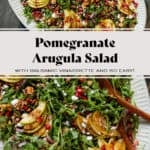 Arugula salad with sliced apples, pomegranate arils, feta, and red onion on a large serving plate.