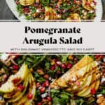Arugula salad with sliced apples, pomegranate arils, feta, and red onion on a large serving plate.