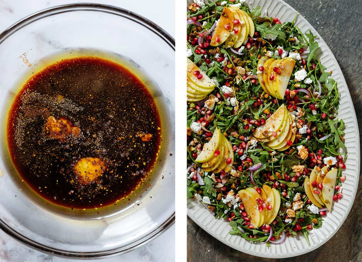 Balsamic vinaigrette before whisking in a glass bowl on the left and arugula salad with apples, pomegranate arils, and the dressing on the left.