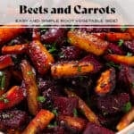 Caramelized roasted beets and carrots with balsamic vinaigrette garnished with chopped fresh parsley and flaky sea salt in a white bowl.