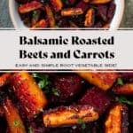 Caramelized roasted beets and carrots with balsamic vinaigrette garnished with chopped fresh parsley and flaky sea salt in a white bowl.