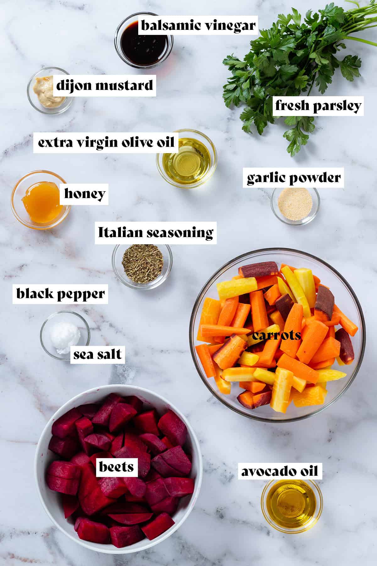 Ingredients like diced beets, carrots, and glass bowls with spices, honey, olive oil, balsamic vinegar, and other ingredients with text overlay.