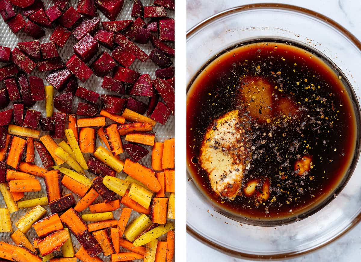 Raw diced beets and chopped carrots with spices and oil on a baking sheet on the left and balsamic vinaigrette before whisking in a glass bowl on the right.