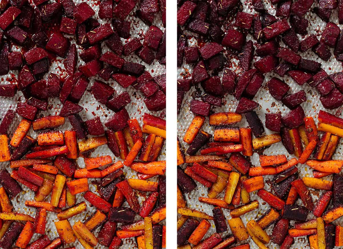 Roasted beets and carrots on a baking sheet drizzled with vinaigrette on the left and after roasting some more with the vinaigrette on the right.