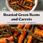 Roasted carrots and green beans with whole mustard vinaigrette in a white bowl with a beige rim.