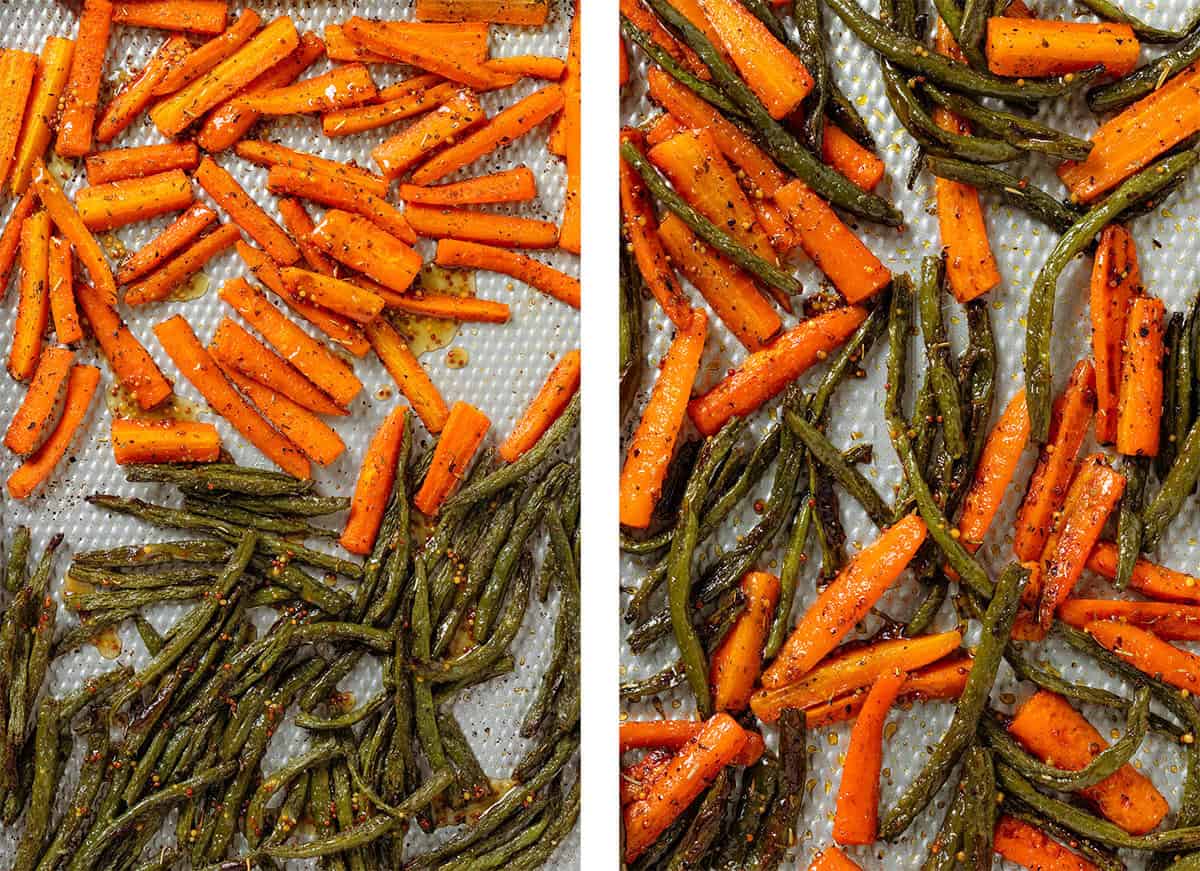 Roasted carrots and green beans on a baking sheet before and after being tossed together with whole grain mustard vinaigrette.