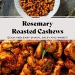 Golden roasted cashews with rosemary in a white ceramic bowl garnished with fresh rosemary.