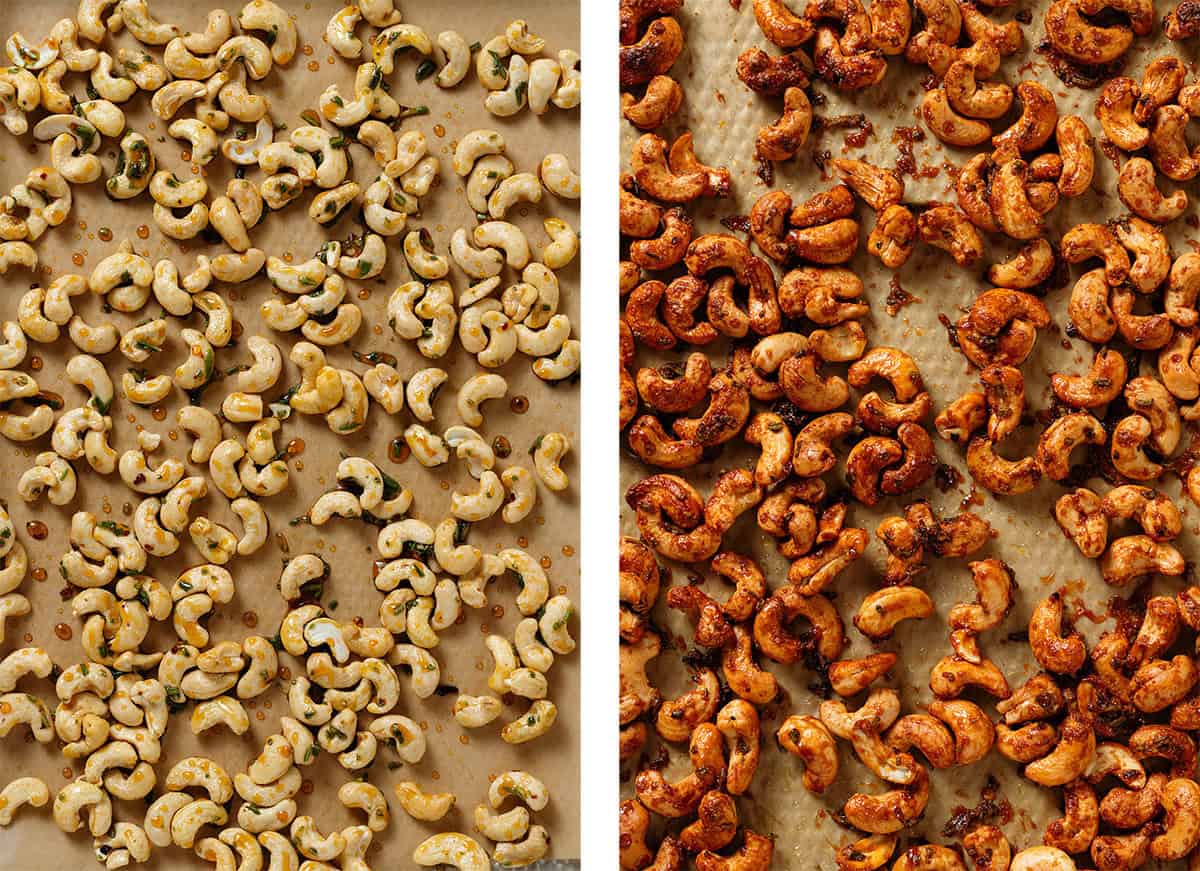 Cashews with maple syrup, oil, rosemary, and spices on a baking sheet with parchment paper before and after roasting.