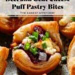 Small puff pastry cups with cooked beets and goat cheese topped with flaky sea salt, chopped chives, and balsamic vinaigrette.