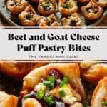 Lots of puff pastry cups with diced beets and slightly melted goat cheese topped with balsamic vinaigrette and chopped chives on a green plate.