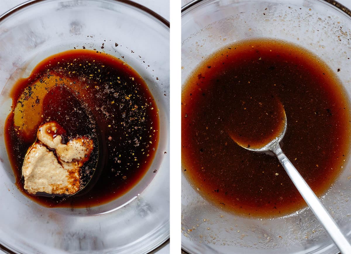 Vinaigrette with olive oil, balsamic vinegar, dijon mustard, black pepper and other ingredients in a glass bowl before and after mixing with a spoon.