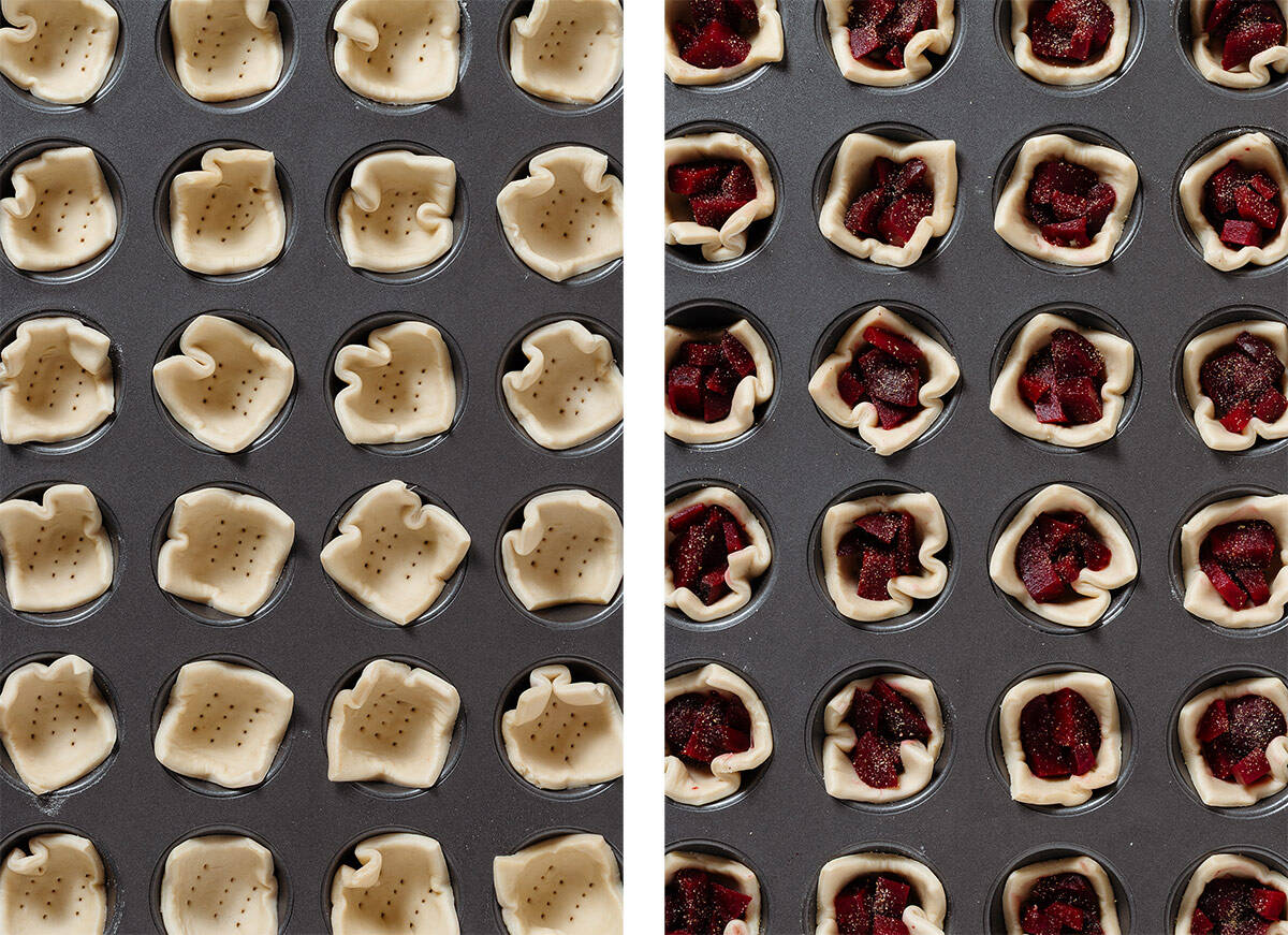Puff pastry squares pushed into a mini muffin pan and pierced with a fork on the left and with added diced cooked beets and garlic powder on the right.