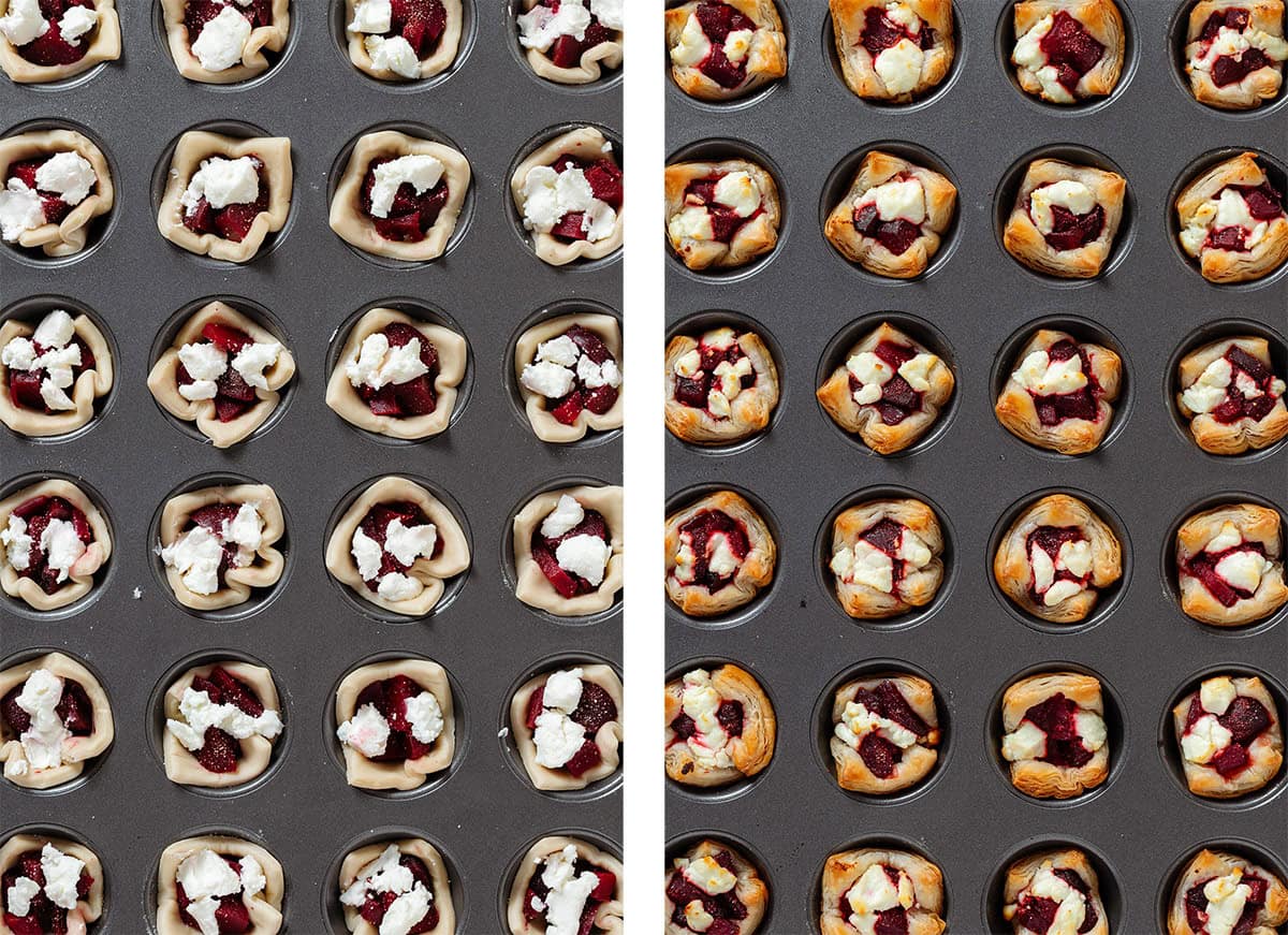 Raw puff pastry cups in a mini muffin pan with diced beets and crumbled goat cheese on the left and after baking golden brown on the right.
