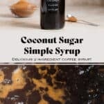 Coconut sugar syrup in a tall glass jar with an embossed label on a beige background with more coconut sugar in the background in a glass bowl.